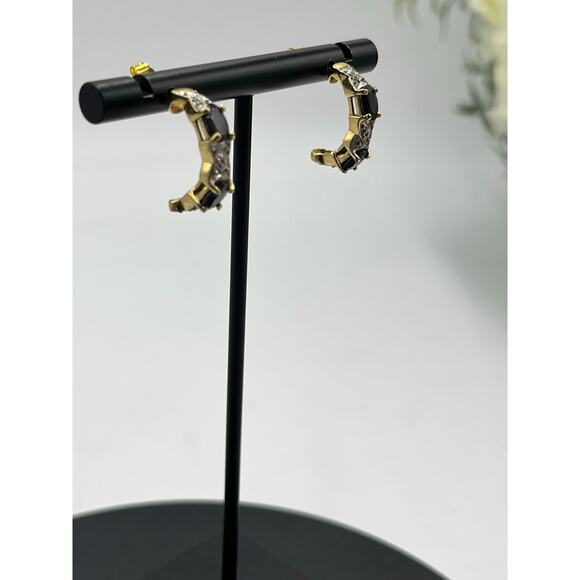 JJT 925 Sterling Vermeil Vintage Blue Topaz Diamond Half Hoop J Post Earrings - Picture 5 of 11